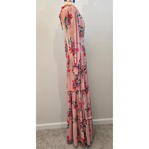 VICI Pink Floral Print Long Sleeve Ruffle & backless Maxi Dress Sz Medium - Picture 3 of 14